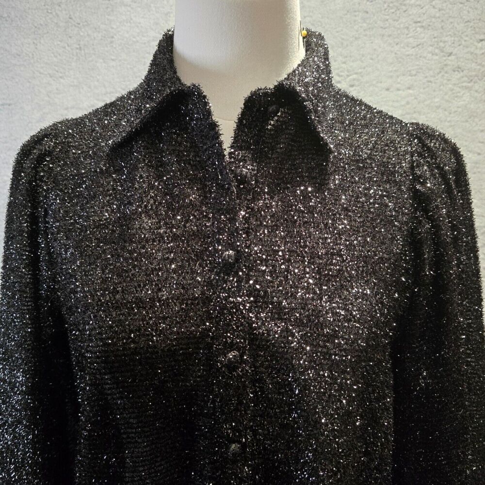 Womens Fairy Grunge Top S Black Sheer Metallic Sparkly Puff Sleeve Textured - Picture 4 of 11